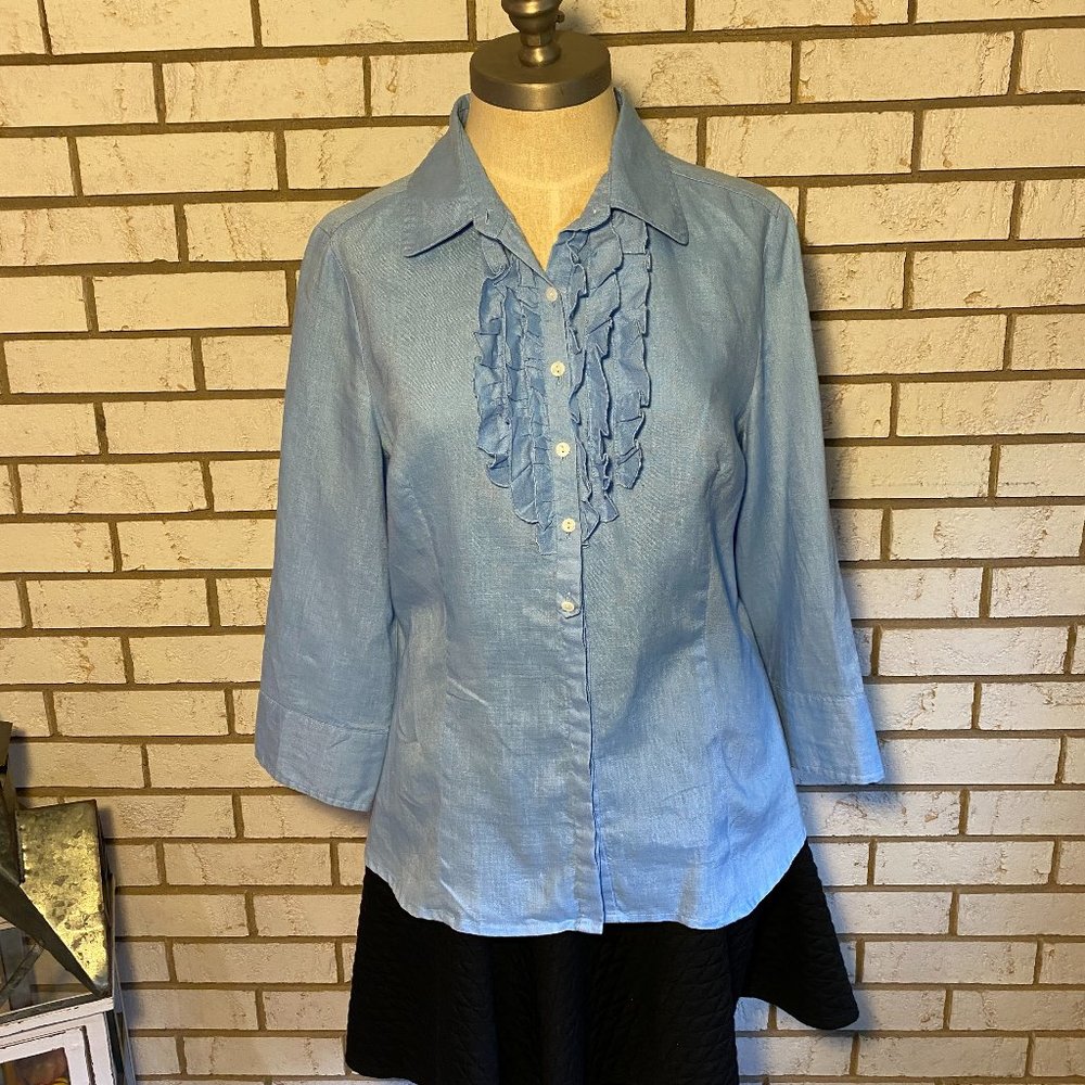 Tracy M / Blue Linen blouse with ruffled front.  Sz L
